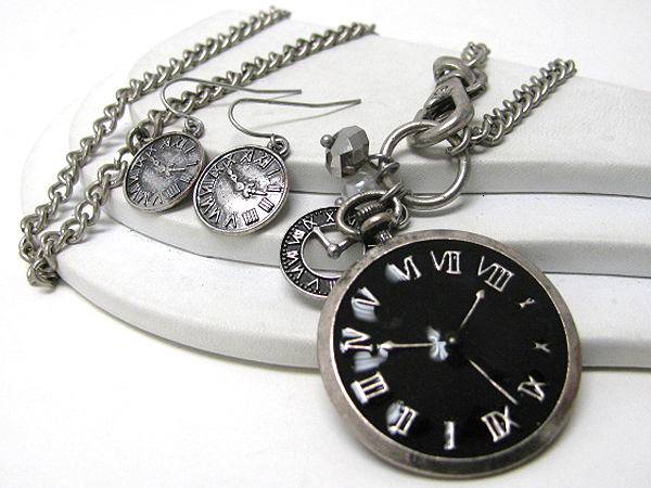 Retro vintage antique  watch pendant necklace earring set