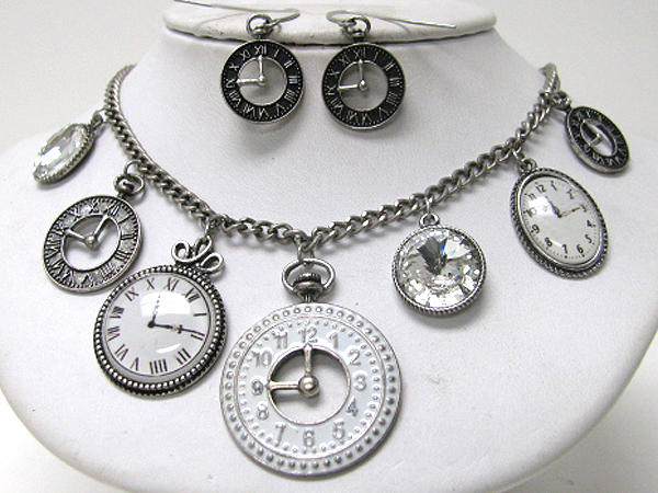 Retro vintage  multi antique watch charm dangle necklace earring set