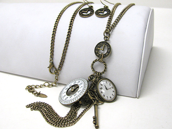 Retro vintage  multi antique watch and key charm necklace earring set