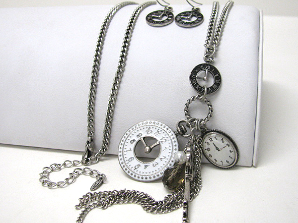 Retro vintage  multi antique watch and key charm necklace earring set