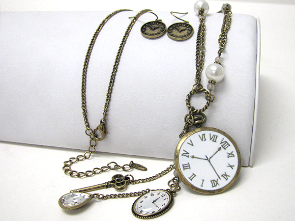 Retro vintage  multi antique watch and key charm necklace earring set