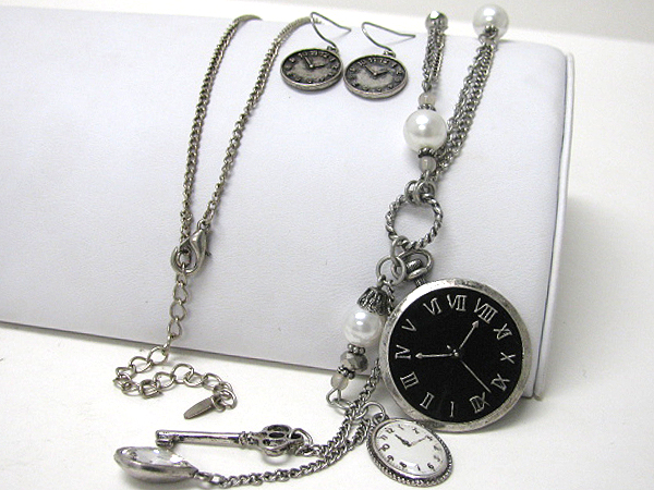 Retro vintage  multi antique watch and key charm necklace earring set