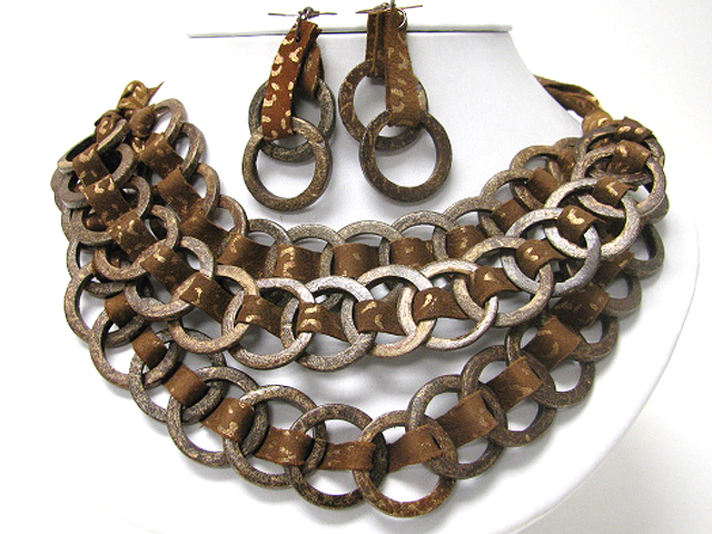 Eco friendly triple layer wood hoop and fabric suede link necklace earring set - hoops