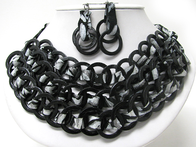 Eco friendly triple layer wood hoop and fabric suede link necklace earring set - hoops