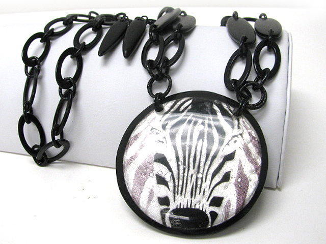 Zebra pattern large resin round disk medallion long chain necklace earring set