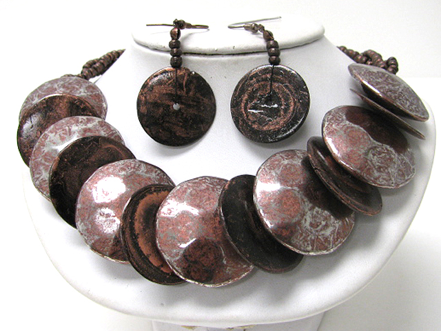 Metal and patina disk link necklace earring set