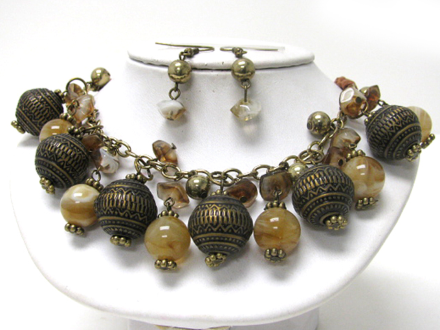 Detail textured metal ball and glasss stone ball dangle necklace earring set