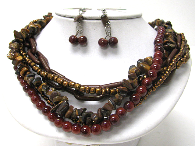 Multi line natural chip stone and glass beads tangle necklace earring set