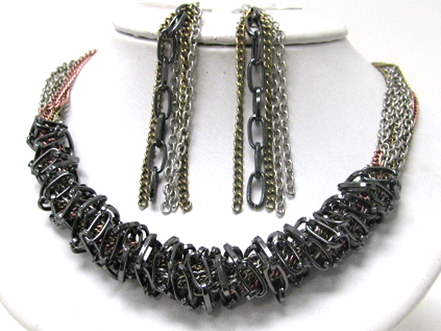 Multi chain tangle and wrap necklace earring set