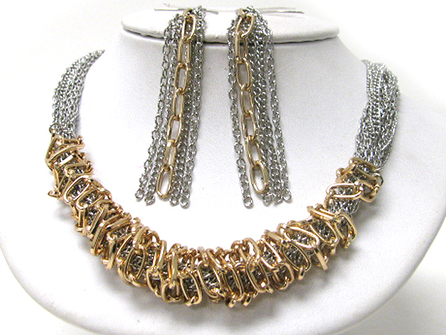 Multi chain tangle and wrap necklace earring set