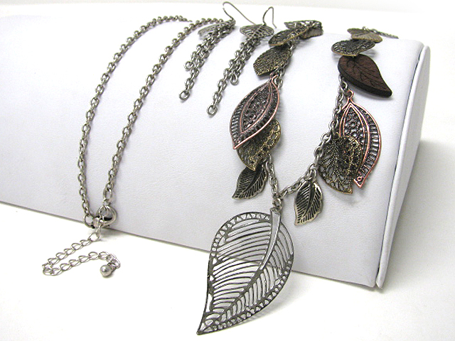 Multi mixed shape metal feather dangle long chain necklace earring set