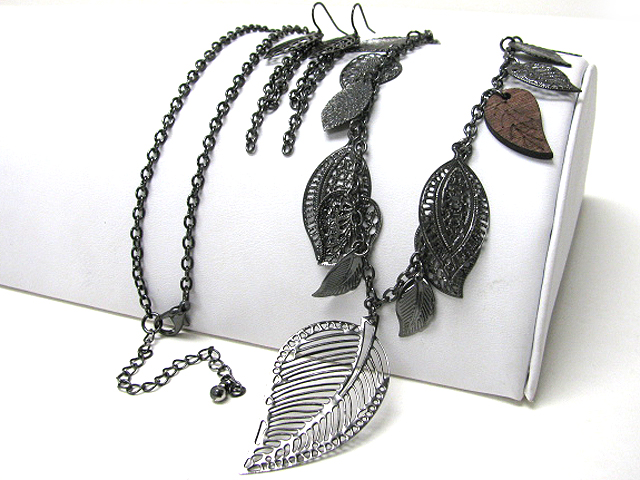 Multi mixed shape metal feather dangle long chain necklace earring set