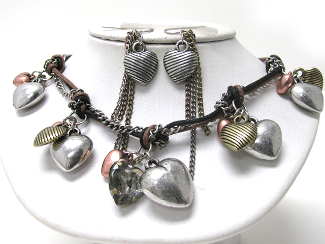 Multi metal hearts dangle suede and metal chain tied necklace earring set