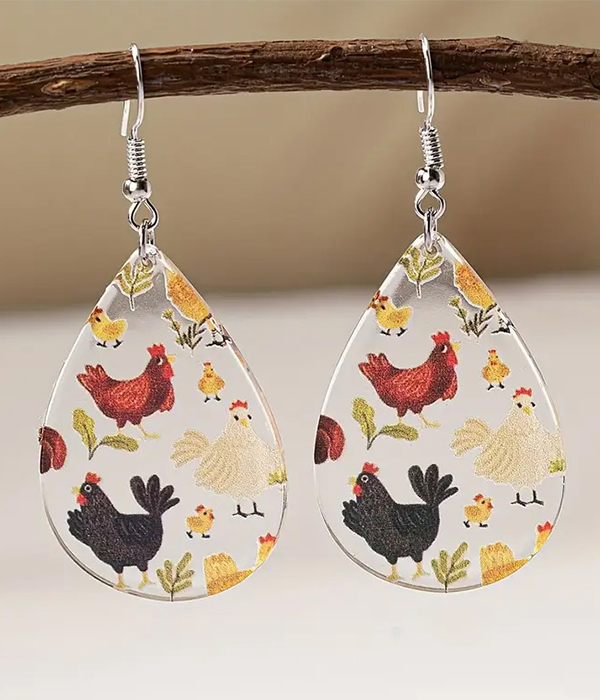 Farm theme acrylic teardrop earring - rooster