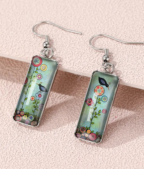 Vintage flower and bird print bar earring