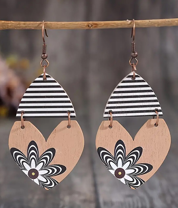 Stripe flower wood heart earring