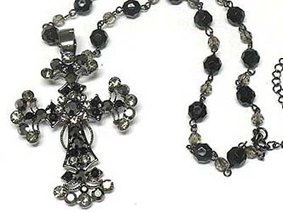 Crystal deco large metal cross pendant and acryl bead strand necklace