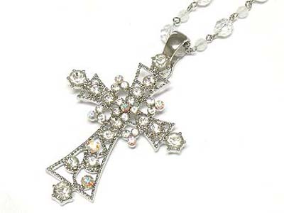 Crystal stone and acryl bead deco cross pendant necklace