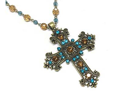 Crystal deco casting metal cross pendant and acryl bead strand necklace