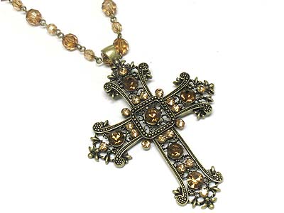 Crystal deco casting metal cross pendant and acryl bead strand necklace