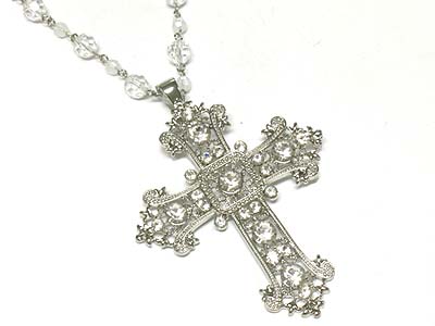 Crystal deco casting metal cross pendant and acryl bead strand necklace