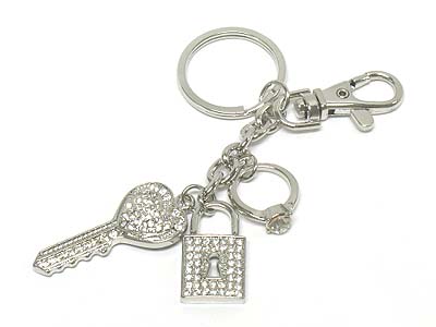 Crystal stone lock and heart charm key chain