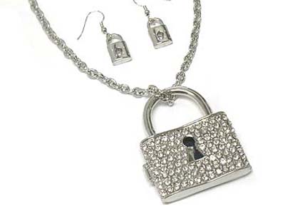 Crystal stone padlock locket necklace and earring set