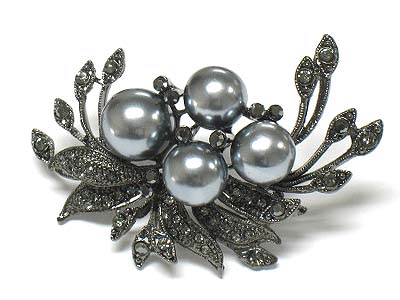 Crystal and pearl bead deco metal brooch