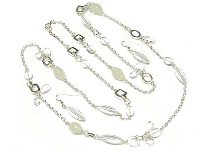 Glass and acryl bead deco long necklace and earring set