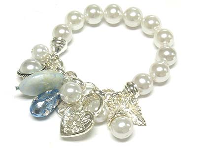 Multi charms and pearl ball bead stretach bracelet 