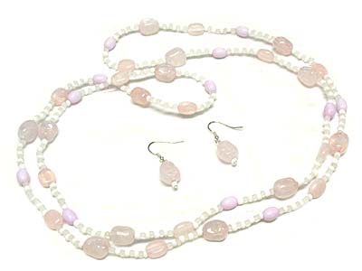 Glass and acryl bead strand long necklace and earring set 