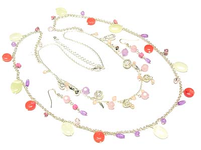 Multi acryl deco and casting metal charms double strands necklace and earring set