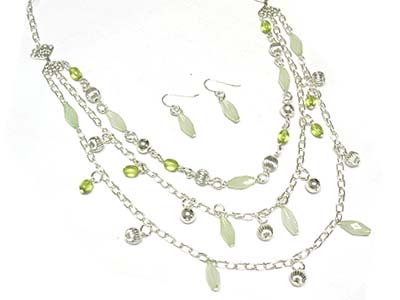 Multi strand metal and acryl bead deco necklace and earring set 