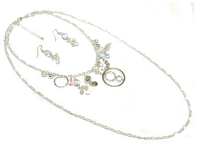 Crystal deco round pendant and multi bead dual strand necklace and earring set 