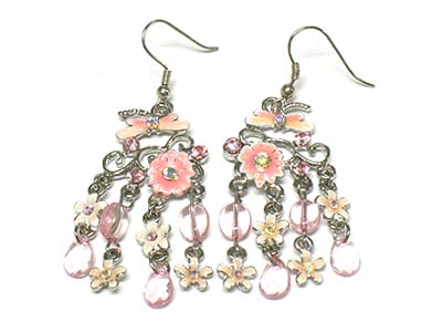 Enamel cover flower and acryl bead drop earring