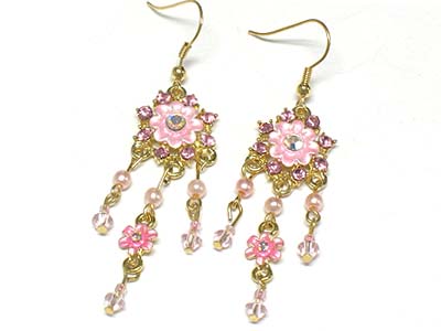 Enamel cover flower and acryl bead drop earring 