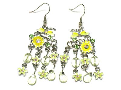 Enamel cover flower and acryl bead drop earring 