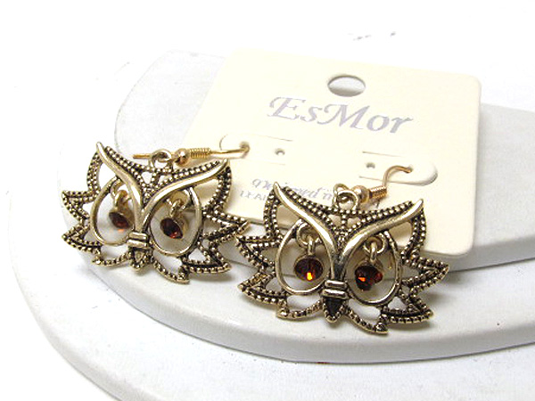 Crystal eyes filigree owl head earring