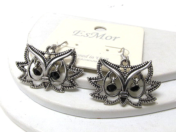 Crystal eyes filigree owl head earring