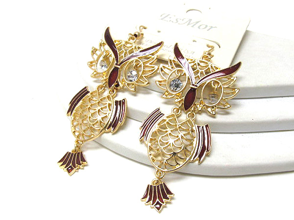 Crystal eyes filigree owl drop earring