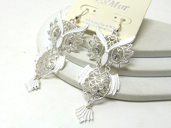 Crystal eyes filigree owl drop earring