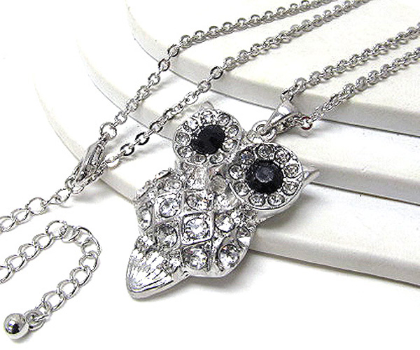 Crystal eyes owl drop long chain necklace