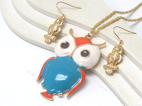 Large colorful metal owl epoxy long chain necklace earring set