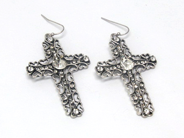 Crystal metal filigree cross earring