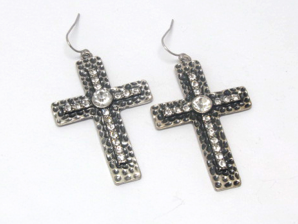 Metal hammered multi crystal fashion style cross earring