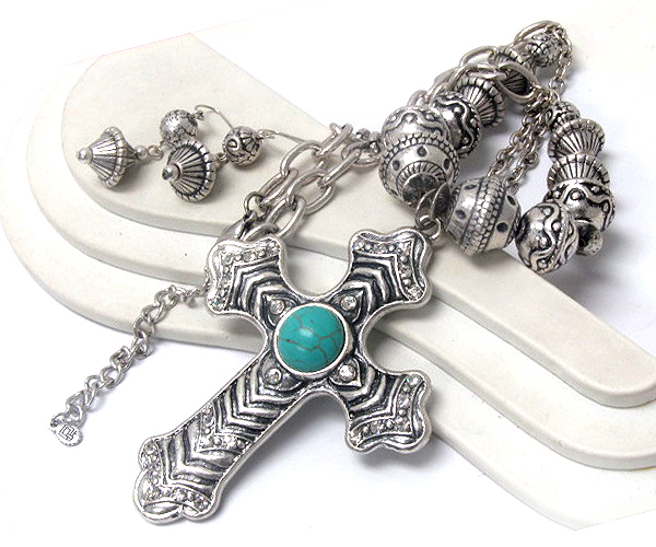 Center turquoise stone with crystal metal fashion cross drop multi metal arrowhead chain necklace earring set 