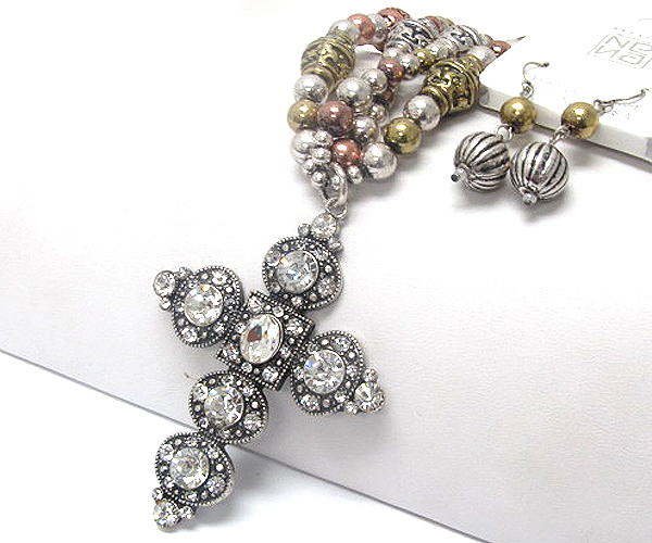 Multi size crystal cross drop two layer mixed ball metal chain necklace earring set