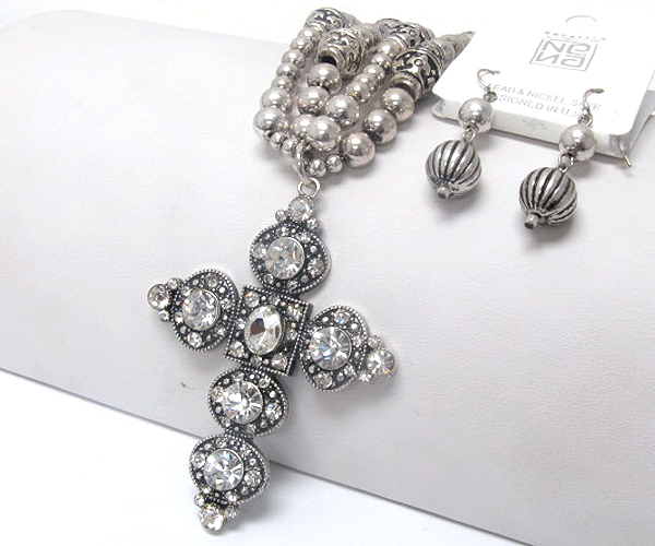 Multi size crystal cross drop two layer mixed ball metal chain necklace earring set