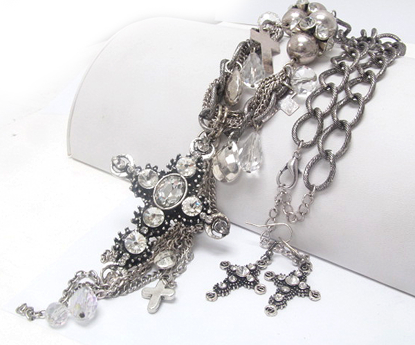 Multi crystal cross with chain drop necklace earring set