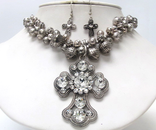 Multi size crystal fashion metal multi metal mixed balls long chain necklace earring set